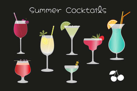 summer cocktails with soft and alcohol drinks, vector set on black backgroundのイラスト素材