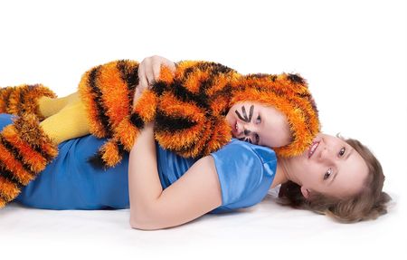 The image of the elegant woman and the girl in a suit of a tigerの写真素材