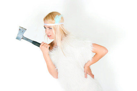 The image of the aggressive blonde with an axe in handsの写真素材