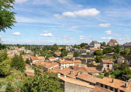 View of the old tiled roofs in town Parthenay. France