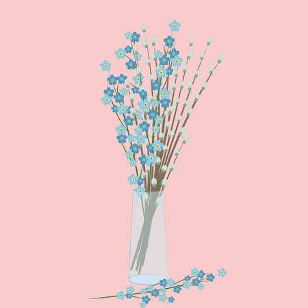 Bouquet of willow, forget-me-nots  in a glass vase.のイラスト素材