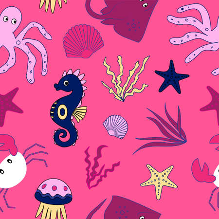 Sea animals seamless pattern on pink backgroundのイラスト素材