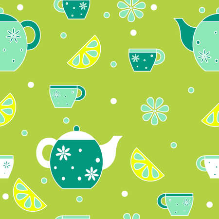 Vector seamless pattern with cup teapot and lemonのイラスト素材