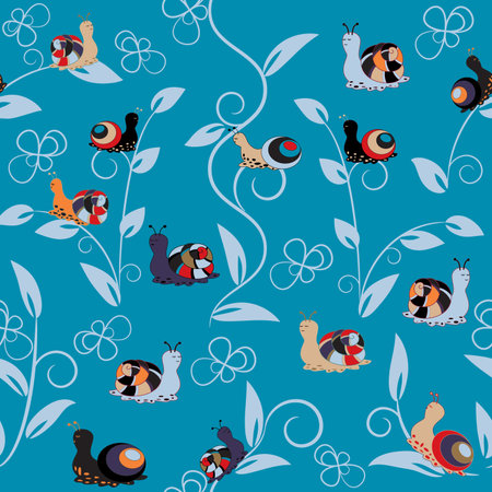 Seamless vector pattern with colorful background with snails and leavesのイラスト素材