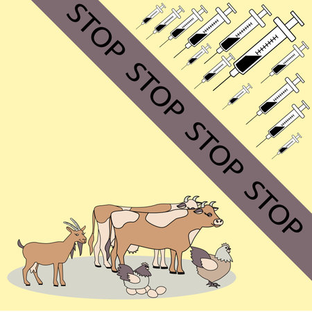 Cow, goat, chicken. Syringe. The farm animal is at risk. Destruction of cattle Destruction of farms.のイラスト素材