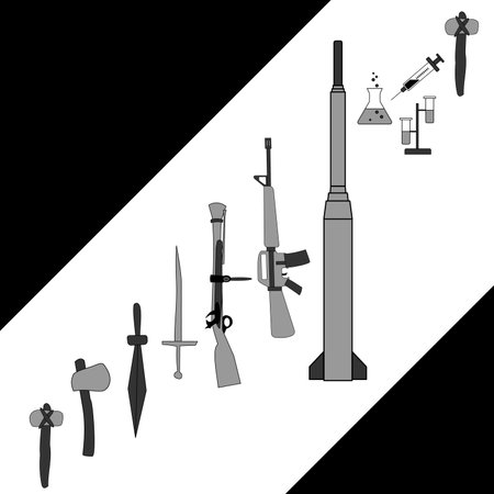 The evolution of weapons from clubs to biological weapons.のイラスト素材