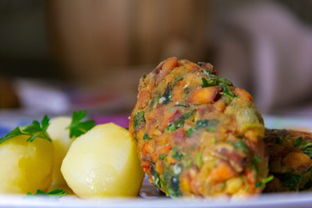 mushroom cutlets and boiled potatoes, close-up ha dining table