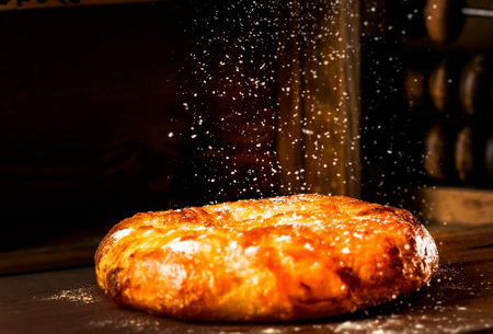 Naan with cheese baked in the oven lies on a wooden table. Flour falls on top of the cheese bread....