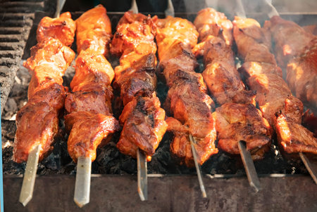 delicious barbecue grilled on an open fire on an open kitchen. Food festival in the city on the...