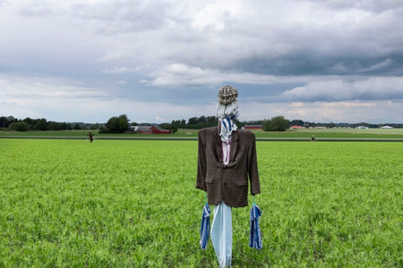 scarecrow in a jacket, cap and pants with other scarecrows against a stormy sky in a farmer's field. A scarecrow in a fancy Halloween costume drives away birds in a field of peas. terrible scarecrow scares birds and peopleの写真素材