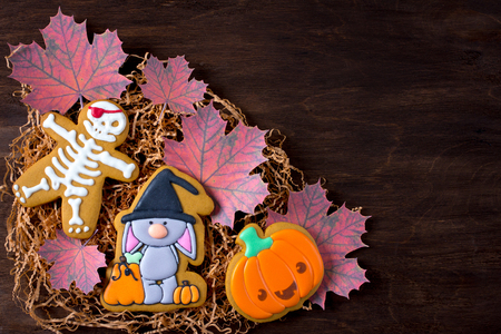 Funny gingerbread cookies for Halloween on a dark background. Top view.の写真素材