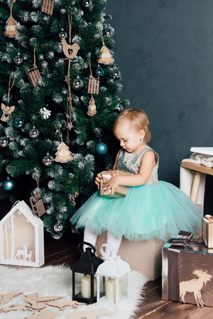 Beautiful young mother and little daughter in puffy skirts made of tulle posing in the new year interior. Christmas concept. Toning.の写真素材