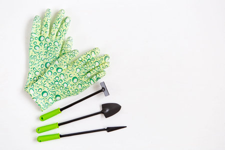 Rubber gloves and garden tools on white background. Preparation for the planting season. Selective...