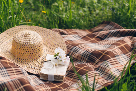 Hat and a book lie on a blanket during a picnic in a blooming spring apple orchard. Toning.