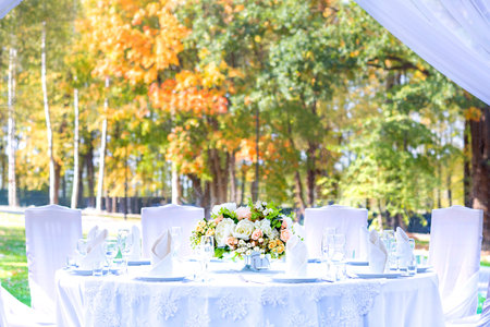 Table setting at a wedding reception, outdoor setting, view of autumn bright yellow and orange trees