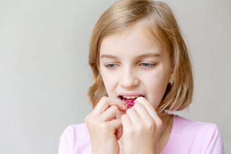 The girl inserts an orthodontic plate in her mouth