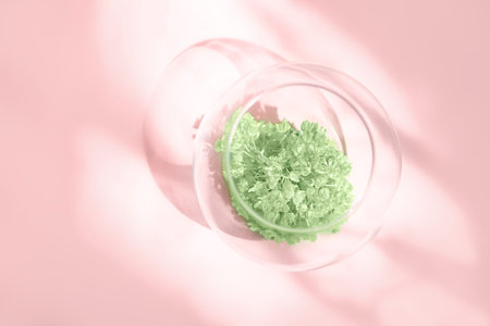 Modern soft light pink pastel background with shadows with a light green plant in transparent glass....