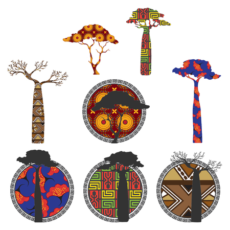Stylized trees - baobabs and acacias with ethnic African ornaments. Banners and labelsのイラスト素材