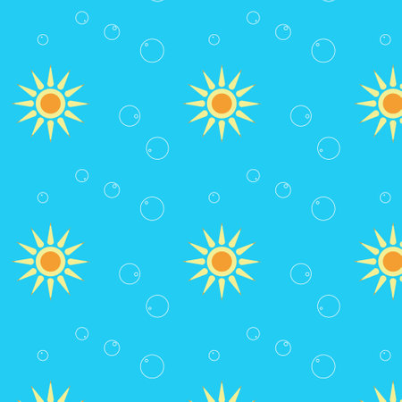Seamless fun summer pattern. Yellow sun and transparent bubbles on a blue background. Childish, bright, joyful background.のイラスト素材