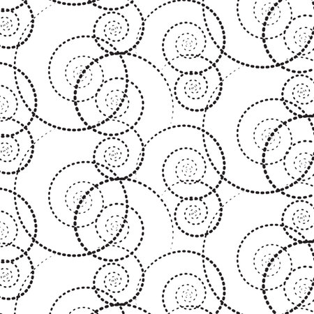Black spirals on a white background, seamless pattern. Black dotted spirals of different sizes. Background for paper, cover, fabric, interior decor.のイラスト素材