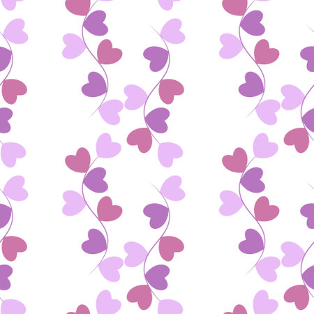 Delicate flowers with hearts isolated on a white background. Pink and lilac seamless pattern. Romantic background for paper, cover, fabric, interior decor.のイラスト素材