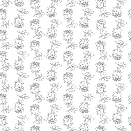 Seamless pattern of roses. Black outline on a white background. Floral decoration. Background for paper, cover, fabric, interior decor.のイラスト素材