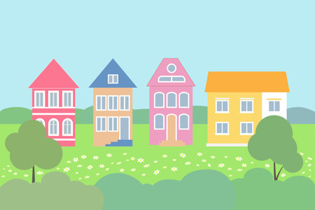 Four houses in a green clearing. Flat illustration. A smooth row of country houses against the background of greenery and sky. Summer landscape.のイラスト素材