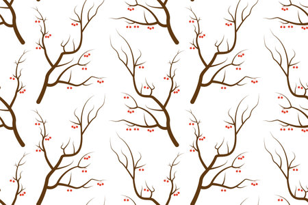Bare autumn branches with small red apples on a white background. Seamless pattern. Background for paper, cover, fabric, interior decor.のイラスト素材