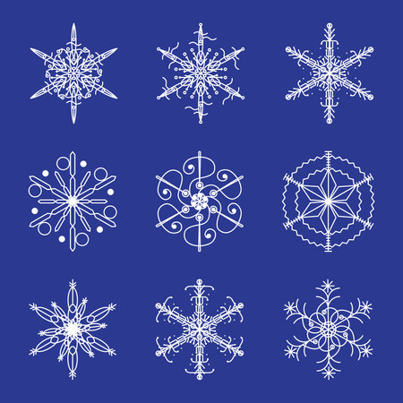A set of white snowflakes on a blue background. Isolated. Elements of winter flat vector decorations. Six-pointed snowflakes.のイラスト素材