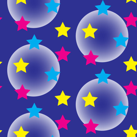 Colored stars and white circles on a blue background. Gradient circles, pink, blue and yellow stars. Seamless pattern. Background for paper, cover, fabric, textile, dishes, interioのイラスト素材