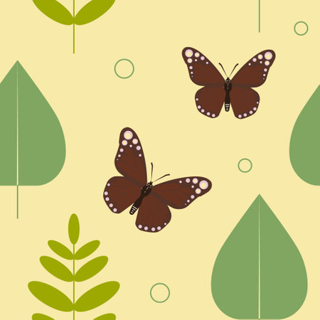 Brown butterflies and green leaves on a yellow background. Flat style. Isolated. Seamless pattern with editable contour. Background for paper, cover, fabric, textile, dishes, interのイラスト素材