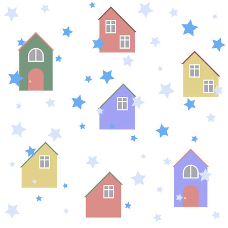 Cute houses and falling snow. Isolated on a white background. Seamless pattern with editable contour. Flat style. Background for paper, cover, fabric, textile, interior decor.のイラスト素材