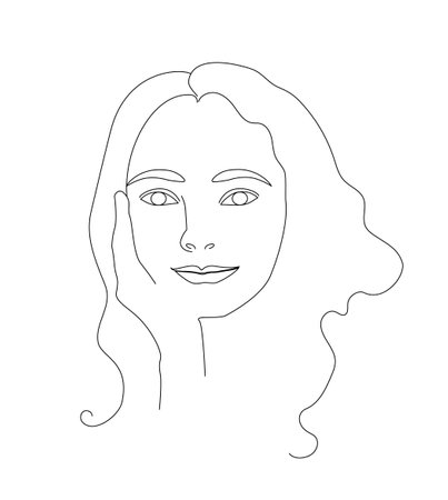 Woman face with wavy hair. Dreamy expression on the face. Black and white hand drawn line art. Outline vector illustration. Isolated on a white background. Editable contour.のイラスト素材