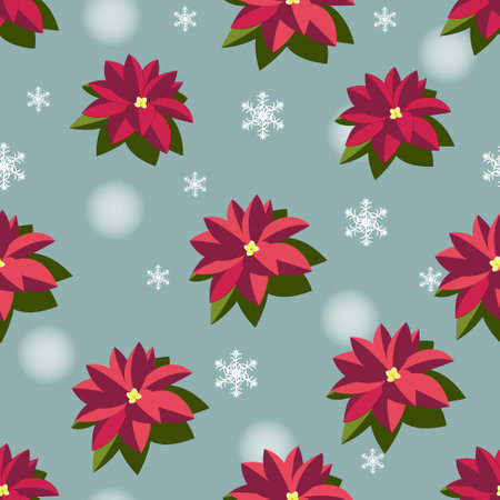 Poinsettia flowers and snowflakes on a gray background. Red flowers and snow on gray. Flat style. Isolated. Seamless pattern with editable stroke. Background for decor.のイラスト素材
