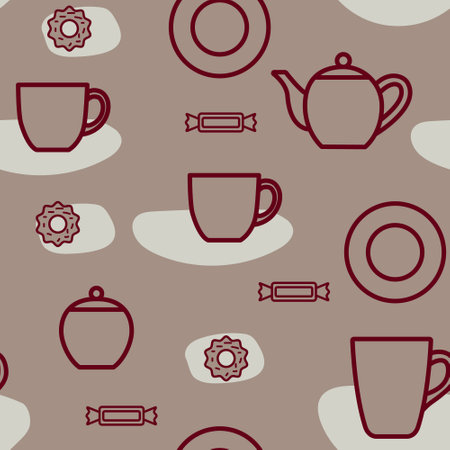Tea things. Contour drawing of teapot, saucer, mug, cup, sugar bowl. Seamless pattern. Isolated on brown background, editable stroke. Background for paper, cover, fabric, decor.のイラスト素材