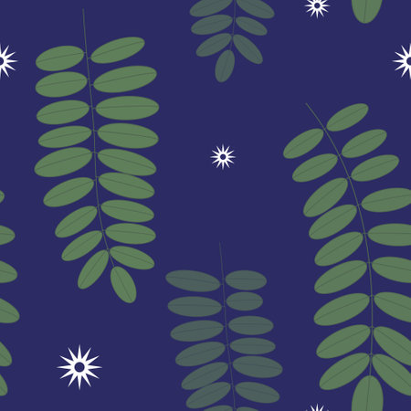 Green acacia leaves and white stars or flowers on a blue background. Nocturnal floral ornament. Isolated, editable stroke. Seamless pattern. Background for decor.のイラスト素材
