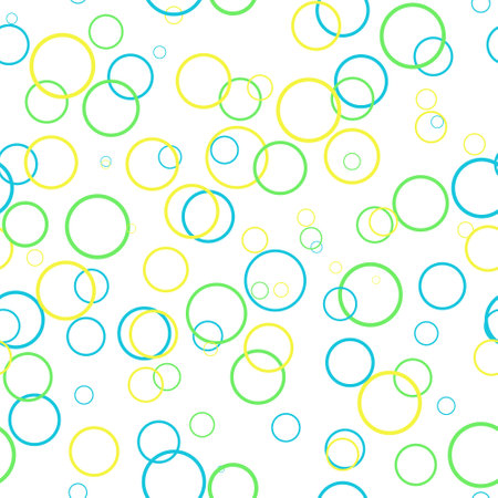 Colored rings on a white background. Simple abstract pattern. Blue, green, and yellow rings of different sizes are randomly scattered. Isolated. Seamless pattern.のイラスト素材