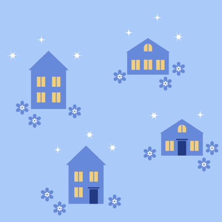 Evening town. Stars, flowers and houses on a blue pastel background. Flat style. Isolated. Seamless pattern with editable stroke. Cozy background for decor.のイラスト素材