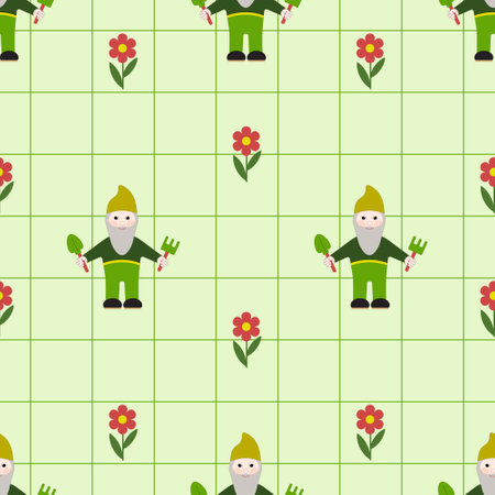 Fabulous dwarf is working in the garden. Gnome in green clothes and red flowers on a light checkered background. Seamless pattern. Flat style, editable stroke, isolated.のイラスト素材