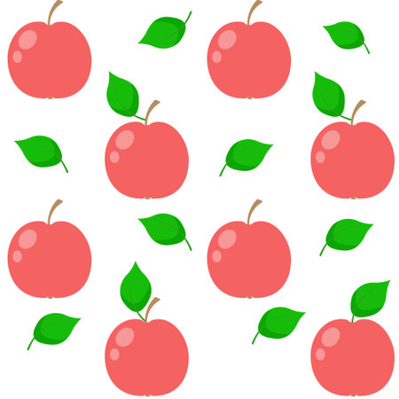 Red apples with green leaves on a white background. Flat style. Isolated. Seamless pattern with editable stroke. Background for paper, cover, fabric, textile, interior decor.のイラスト素材