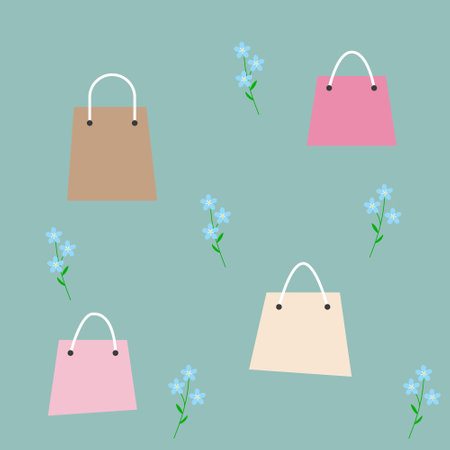 Pink and beige shopping bags on a floral background. Bags and forget-me-nots on a light background. Flat style, isolated. Seamless pattern. Background for decor.のイラスト素材