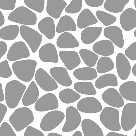Gray stones on a white background. Flat style, monochrome image. Seamless pattern, isolated. Gray spots of various shapes. Background for cover, fabric, decor.のイラスト素材