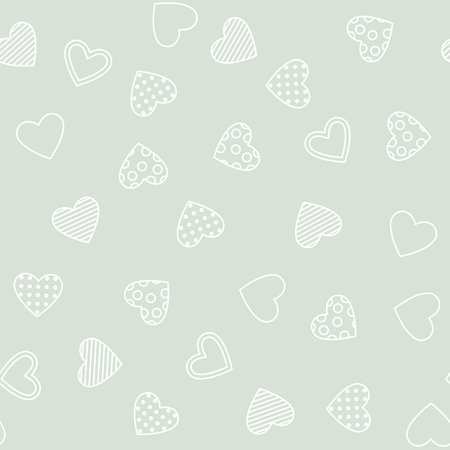 White hearts are scattered on a gray-green background. Seamless pattern with editable stroke....
