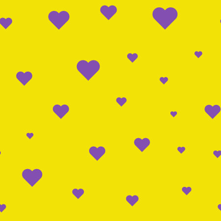 Violet hearts isolated on yellow background. Seamless pattern. Background for textile, paper, cover, dishes, interior decor.のイラスト素材