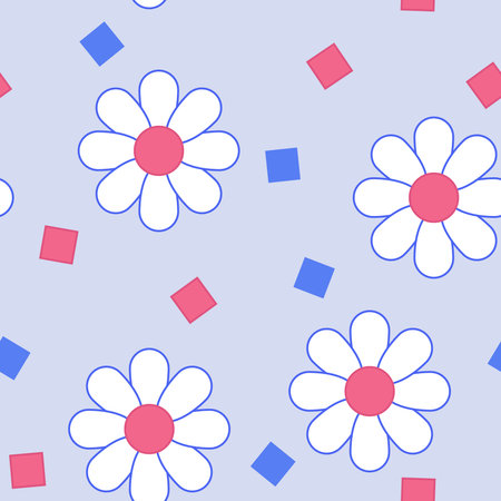 White daisies isolated on a pastel blue background. Abstract flowers and squares, seamless pattern....