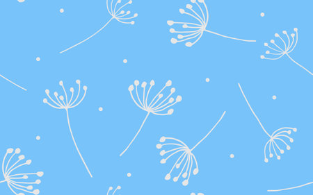 Hand-drawn umbrella plants on a blue background. Floral seamless pattern. White on blue. Background for paper, cover, textile, dishes, interior decor.のイラスト素材