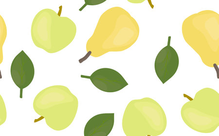 Yellow pears and green apples on a white background. Seamless pattern. Flat style, isolated. Background for cover, textile, dishes, interior decor.のイラスト素材