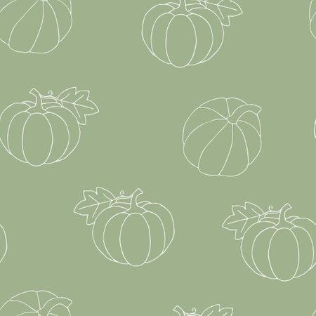 Contour drawing of a pumpkin on a green background. Seamless pattern. White on green, hand-drawn. Background for paper, cover, textile, dishes, interior decor.のイラスト素材
