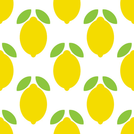 Yellow lemon fruits and green leaves on a white background. Seamless pattern. Flat style, isolated. Background for paper, cover, fabric, textile, dishes, interior decor.のイラスト素材