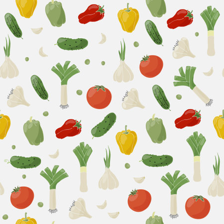 Vegetables isolated on a white background. Seamless pattern. Hand-drawn tomato, pepper, cucumber, garlic, leek. Background for textile, paper, cover, dishes, interior decor.のイラスト素材